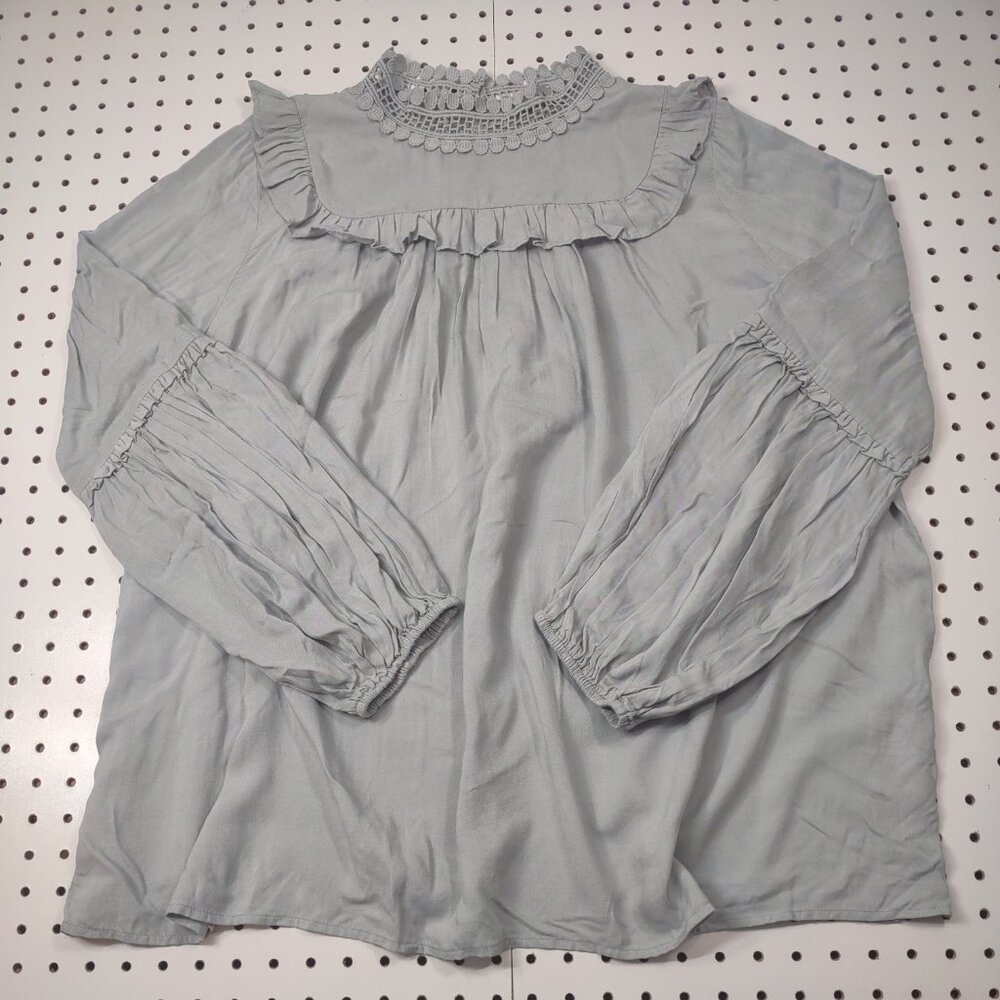 Jodifl Lightweight Flowy Blouse, NWOT, Puff Sleeves, High Neckline, Size Large